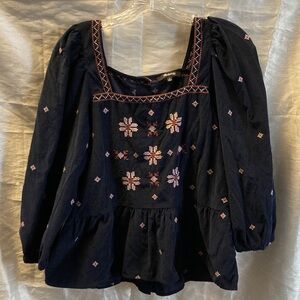 Madewell Dark Blue Blouse with Pink Embroidery